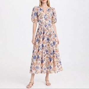 Ulla Johnson Carina Dress Womens Size 8 Magnolia Floral Puff Sleeve Cotton Midi
